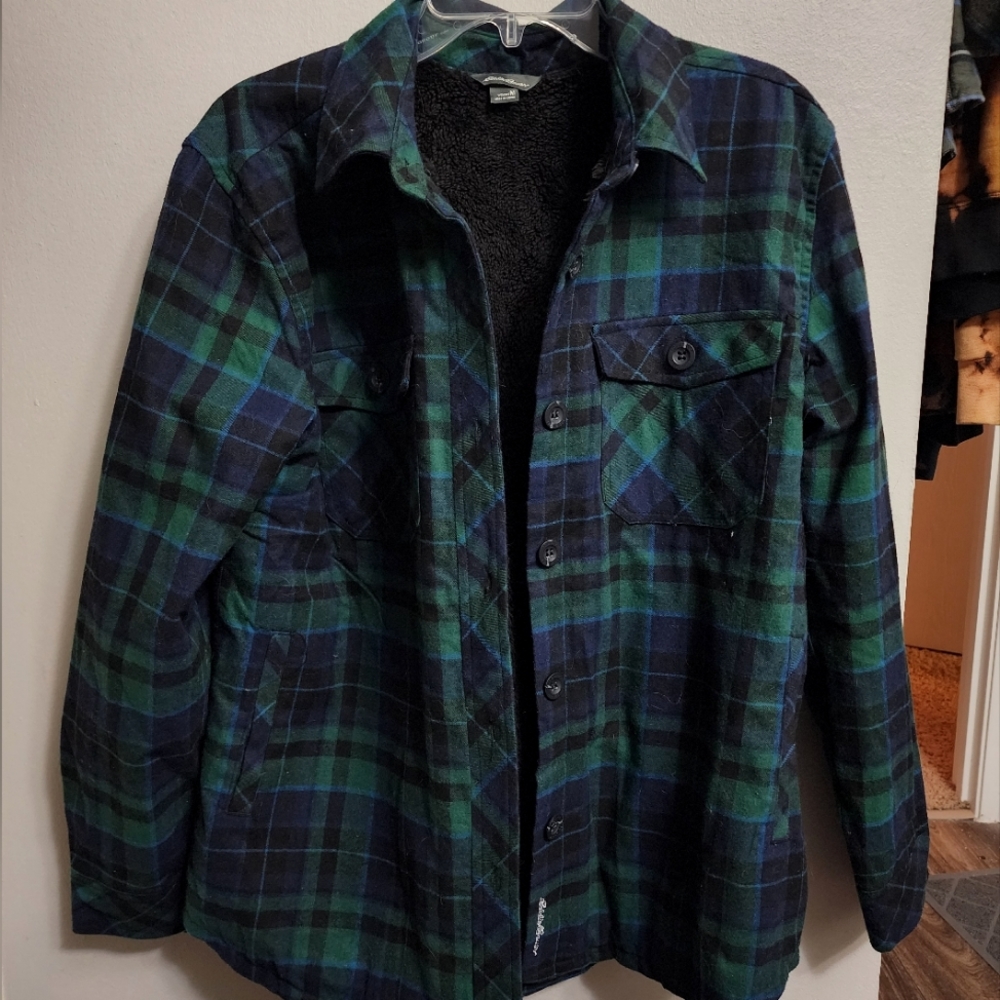 Eddie Bauer flannel jacket. Sherpa lined. Size Medium.